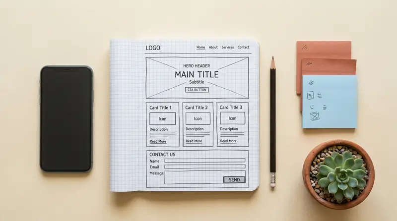Cuaderno con el boceto a mano de una página web, junto a un celular, un lápiz y notas adhesivas